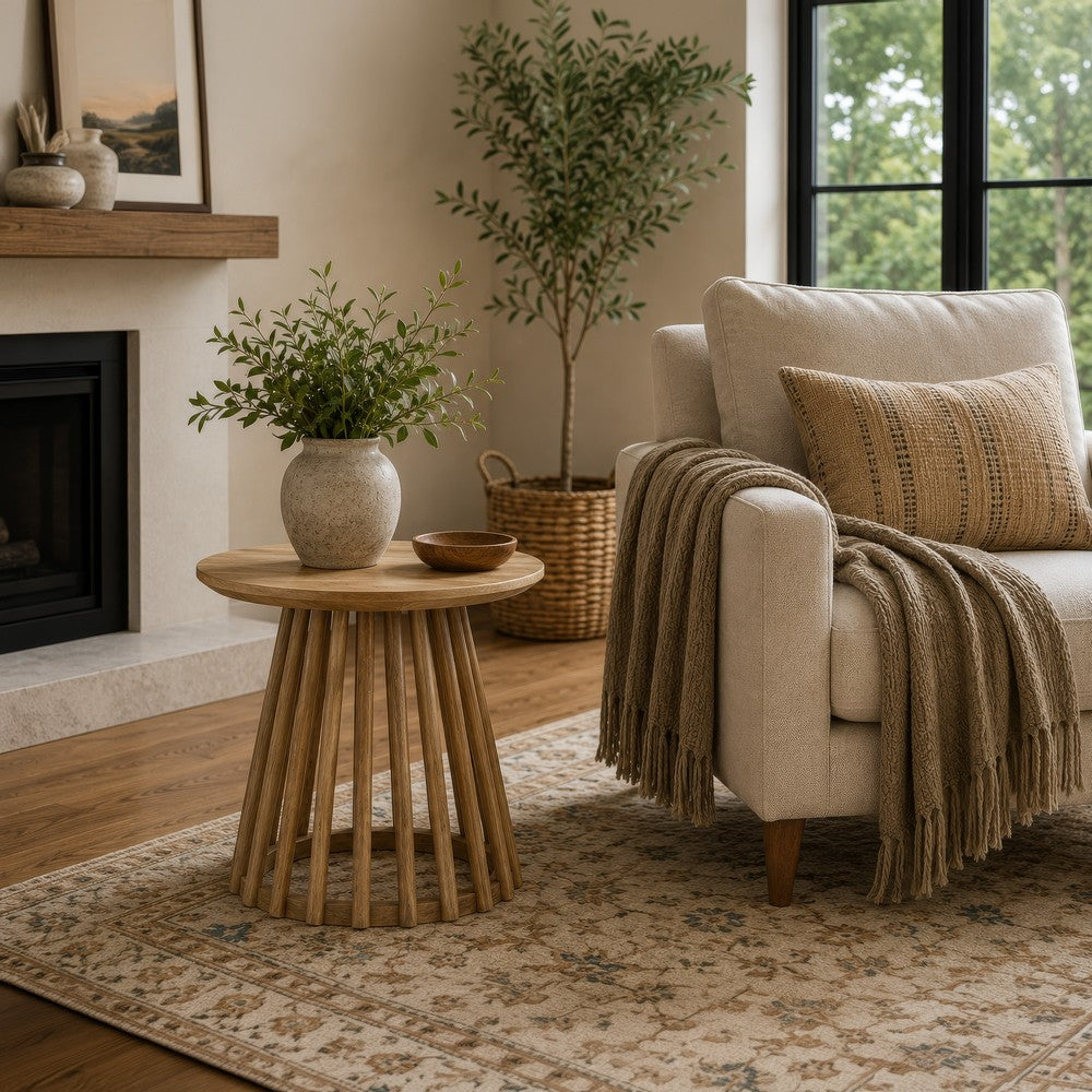 Trey Round End Side Table | Spindle Pedestal Base | Natural Mango Wood 22"