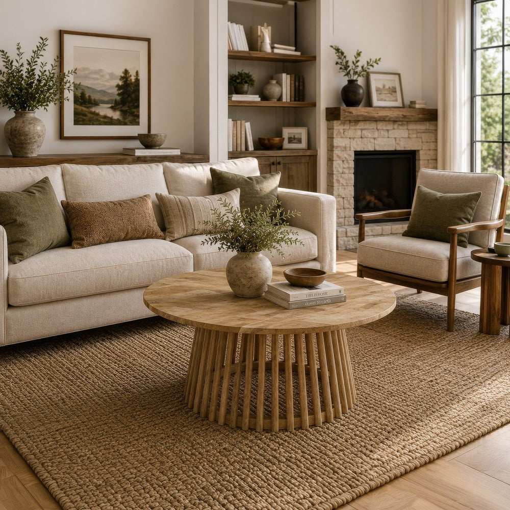 Trey Cocktail Coffee Table | Spindle Pedestal Base | Natural Mango Wood 30"