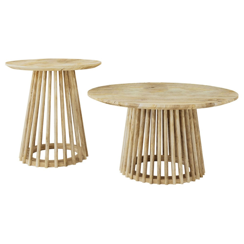 Trey 2Pc Round Coffee and End Table Set | Slatted Base | Mango Wood
