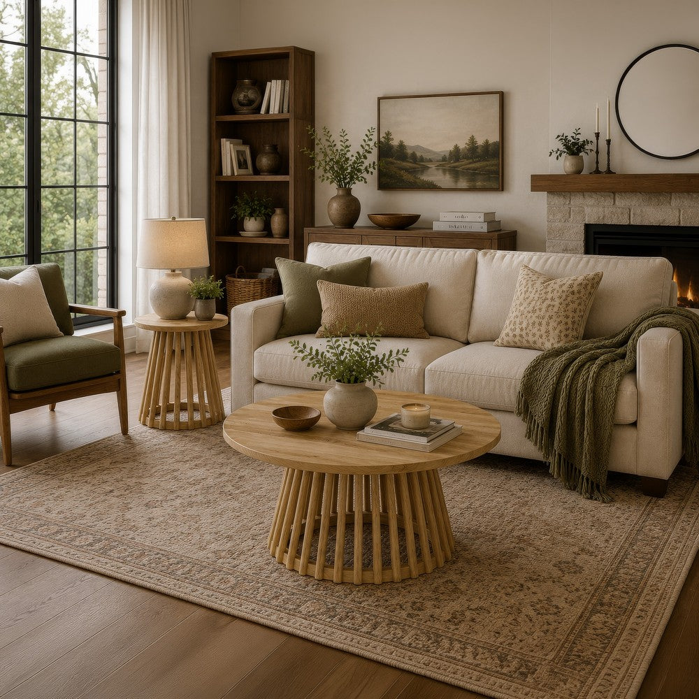 Trey 2Pc Round Coffee and End Table Set | Slatted Base | Mango Wood