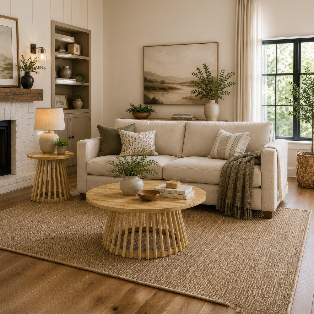 Trey 2Pc Round Coffee and End Table Set | Slatted Base | Mango Wood