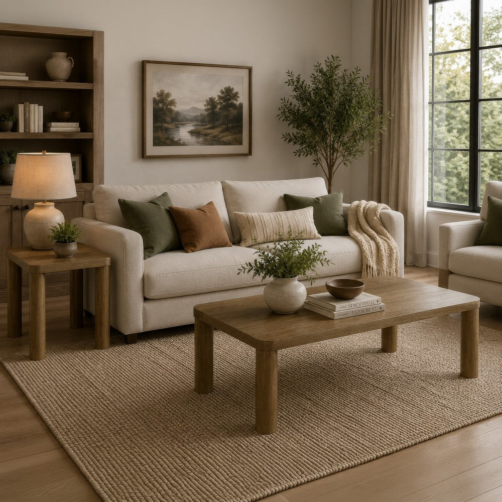 Givy 2Pc Cocktail Coffee and End Table Set | Brown Oak Finish Wood 47"