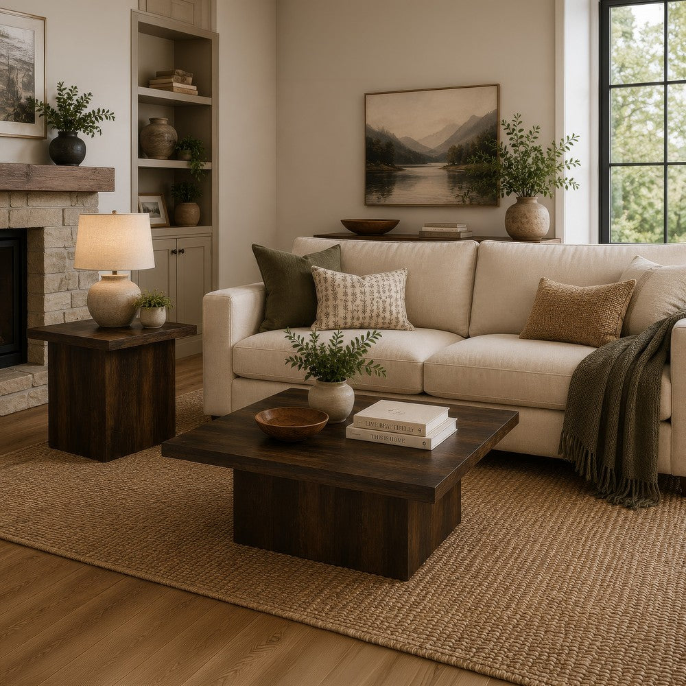 Darla 2Pc Square Coffee and End Table Set | Block Bases | Dark Pine Wood