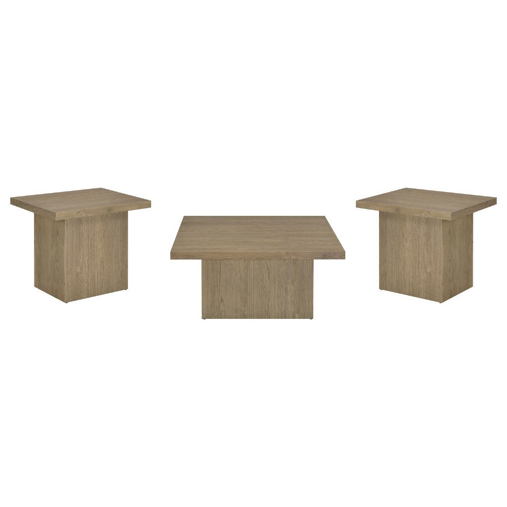 Darla 3Pc Square Coffee-End Tables Set | Block Base | Latte Brown Wood