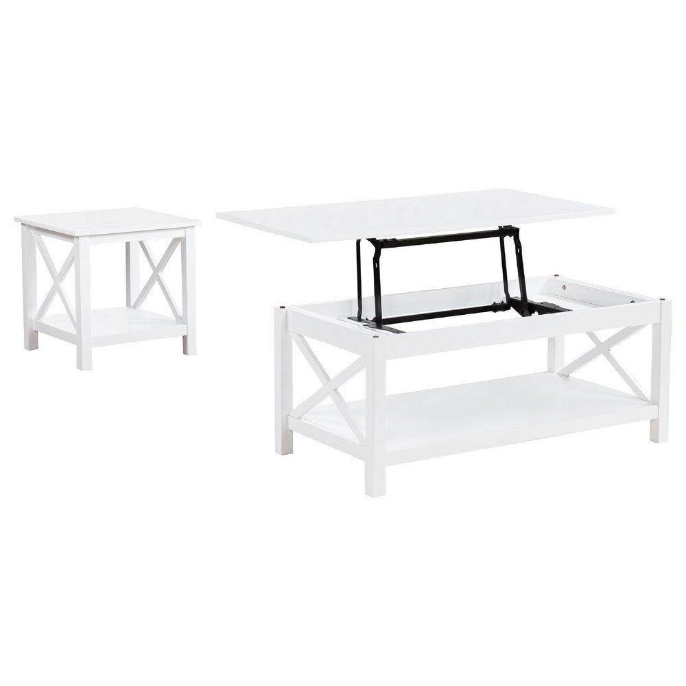 Yuzie Lift-Top Coffee and End Table Set | Hidden Storage | White Wood
