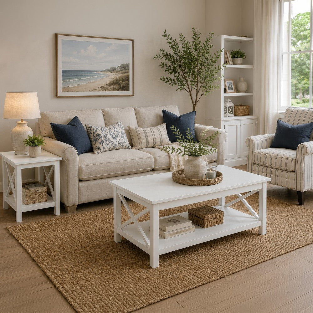 Yuzie Lift-Top Coffee and End Table Set | Hidden Storage | White Wood