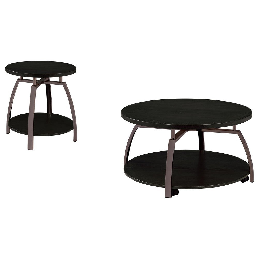 Dyn 2Pc Round Coffee and End Table Set | Curved Metal Base | Black Wood
