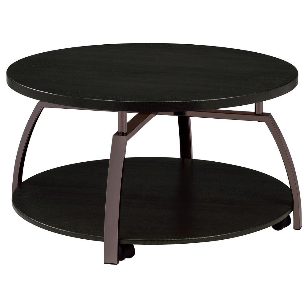 Dyn 2Pc Round Coffee and End Table Set | Curved Metal Base | Black Wood