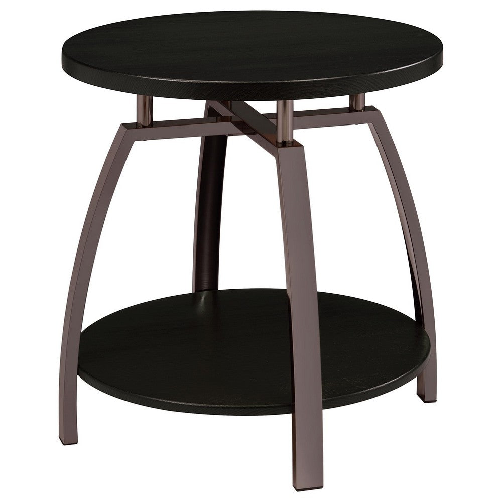 Dyn 2Pc Round Coffee and End Table Set | Curved Metal Base | Black Wood