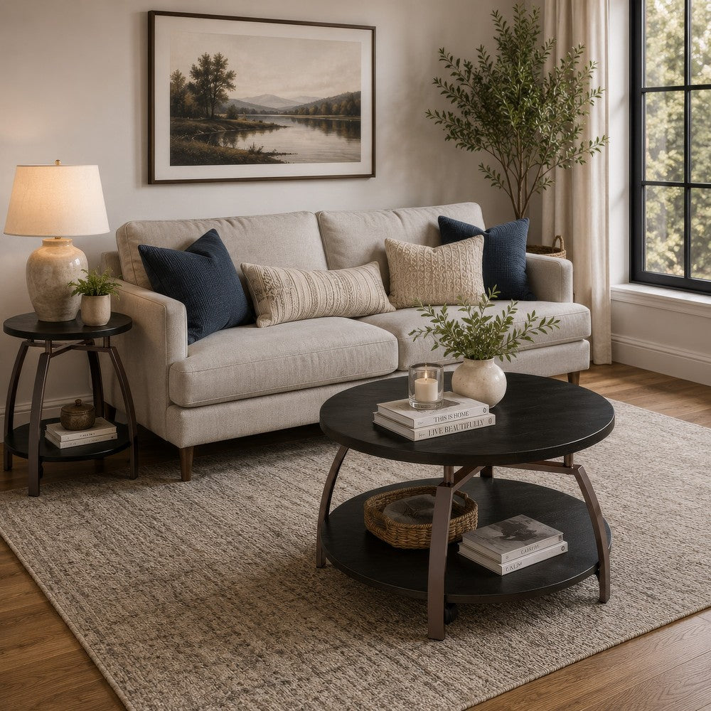 Dyn 2Pc Round Coffee and End Table Set | Curved Metal Base | Black Wood