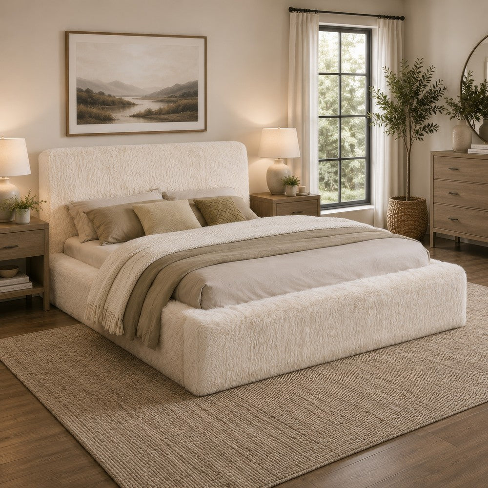 Beca King Panel Bed | Foam Headboard | Cream Faux Fur Upholstery | Modern