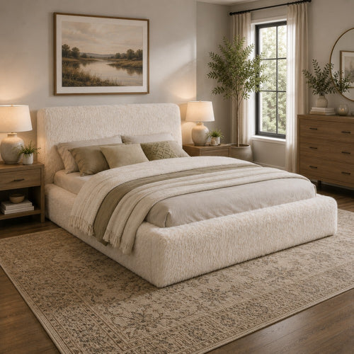 Beca King Panel Bed | Foam Headboard | Cream Faux Fur Upholstery | Modern