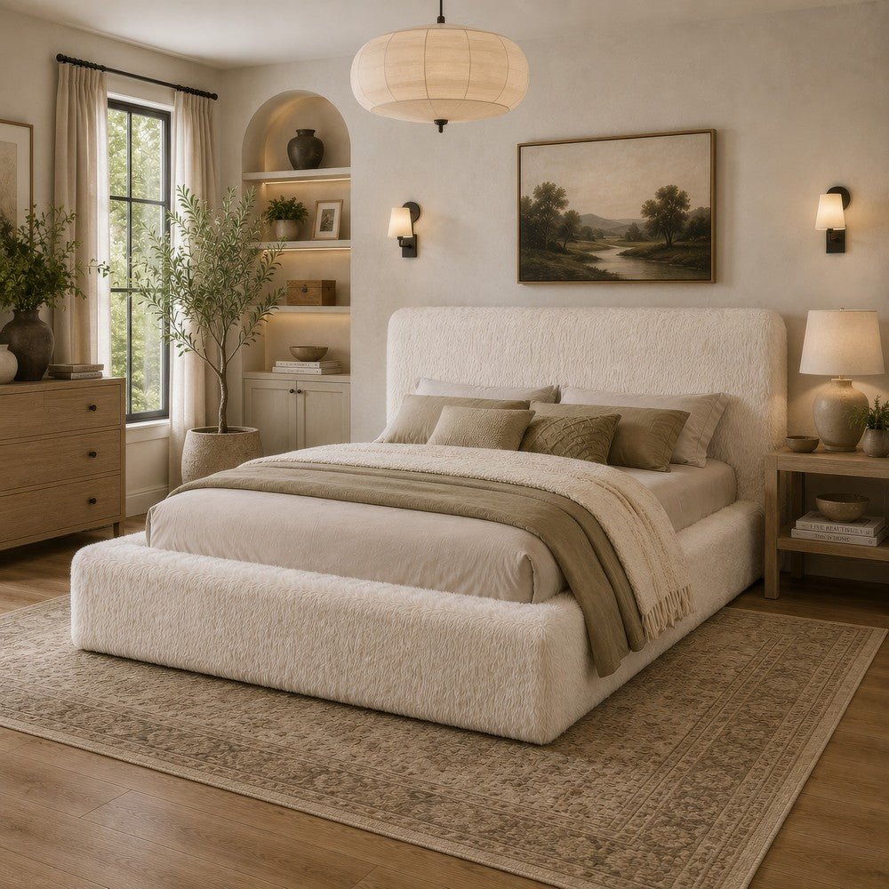 Beca Queen Panel Bed | Foam Headboard | Cream Faux Fur Upholstery | Modern