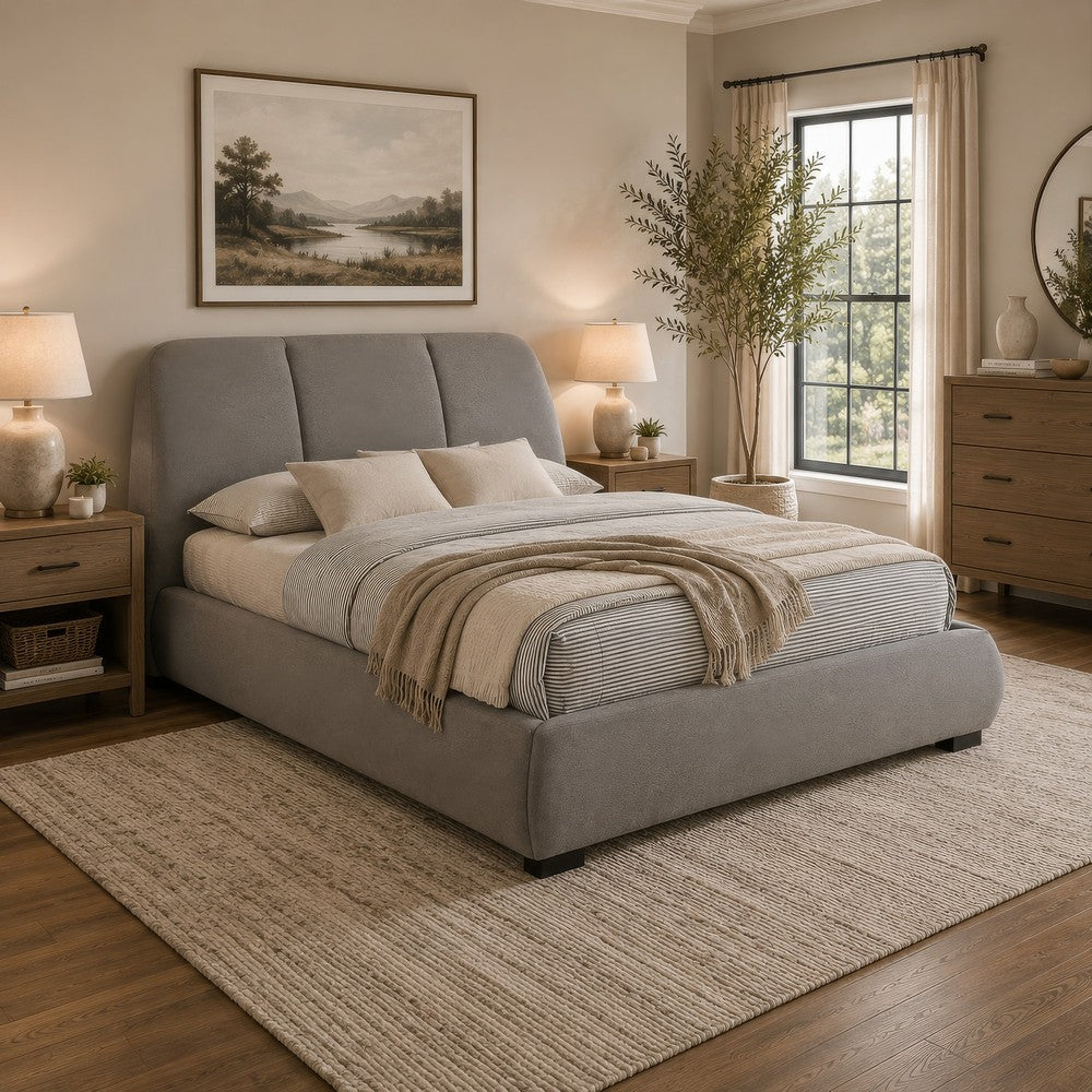Moke Queen Platform Bed | Foam Fill Flared Headboard | Taupe Upholstery
