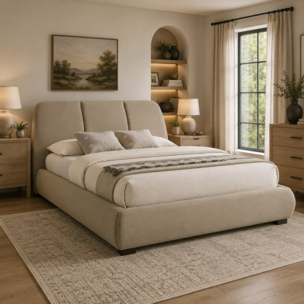 Moke Queen Platform Bed | Foam Fill Flared Headboard | Brown Upholstery