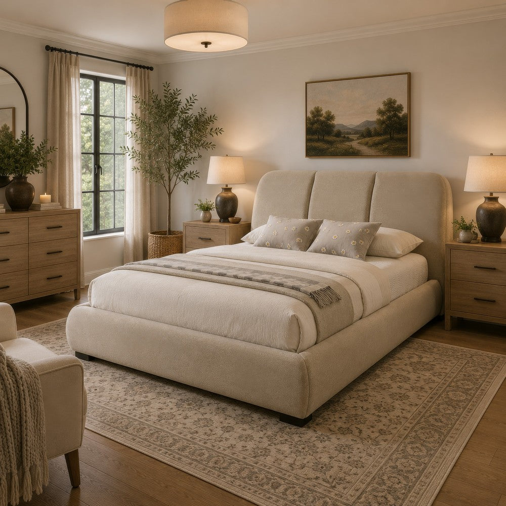 Moke Queen Platform Bed | Foam Fill Flared Headboard | Brown Upholstery