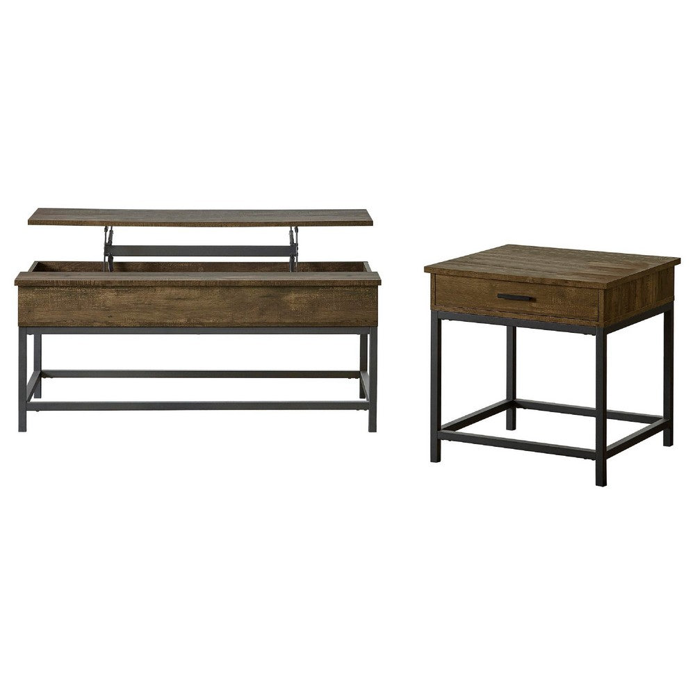 Mecy 2pc Coffee and Side End Table Set | Oak Brown Top | Black Metal