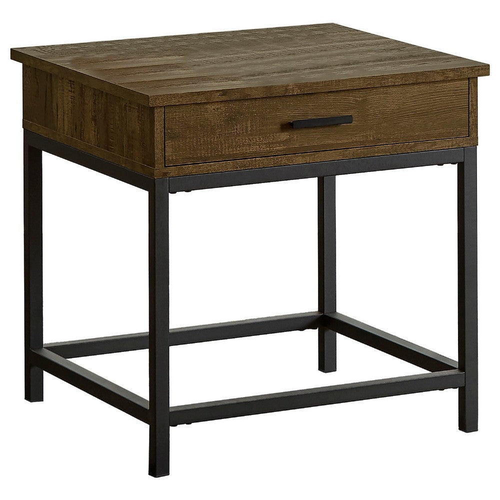 Mecy 2pc Coffee and Side End Table Set | Oak Brown Top | Black Metal