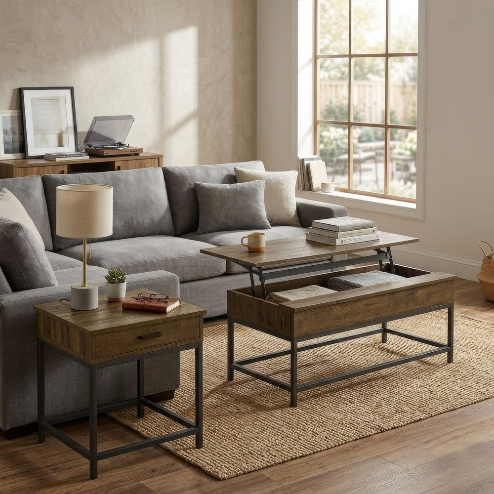 Mecy 2pc Coffee and Side End Table Set | Oak Brown Top | Black Metal