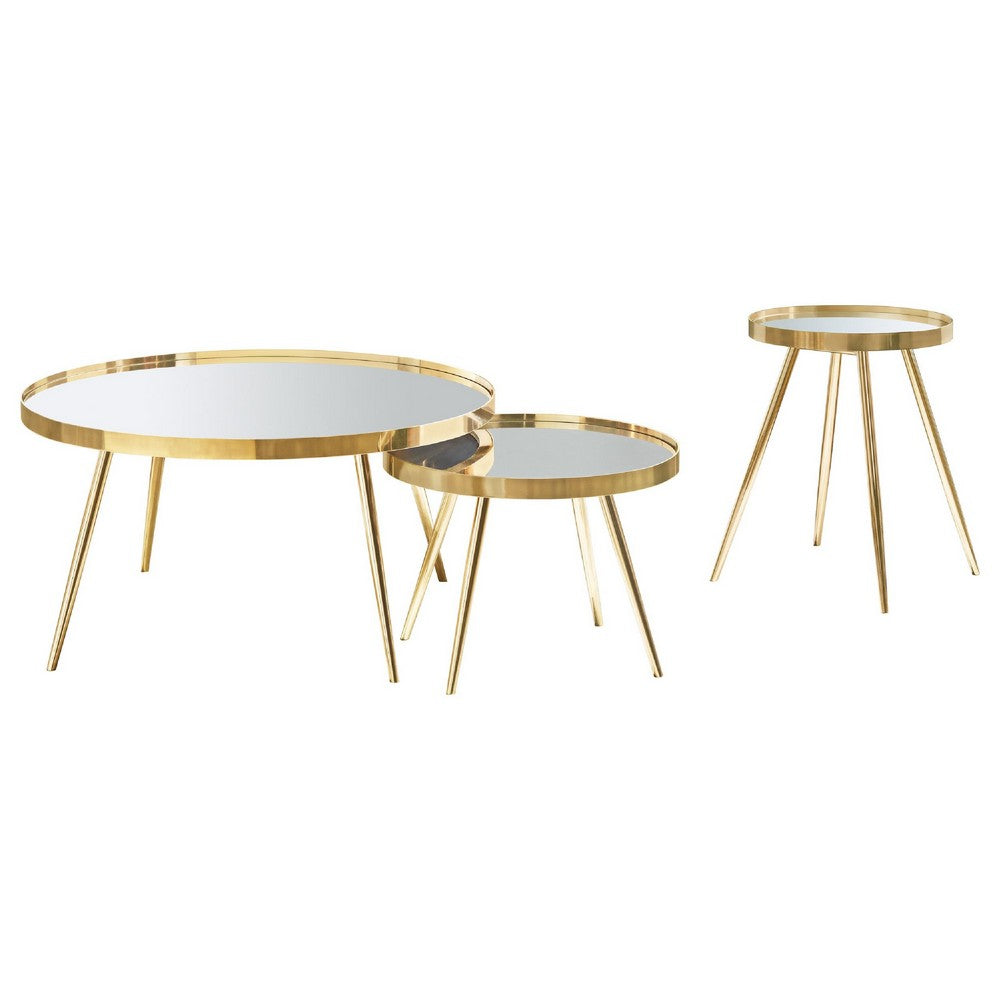 Kecy 3pc Coffee and End Table Set | Gold Metal Frame | Round Mirror Top