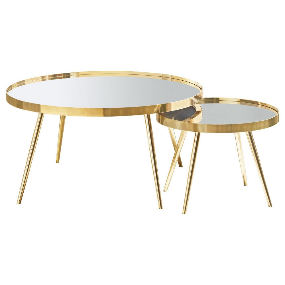 Kecy 3pc Coffee and End Table Set | Gold Metal Frame | Round Mirror Top