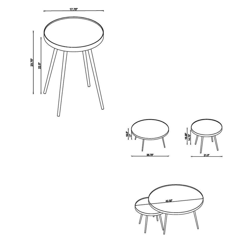 Kecy 3pc Coffee and End Table Set | Gold Metal Frame | Round Mirror Top