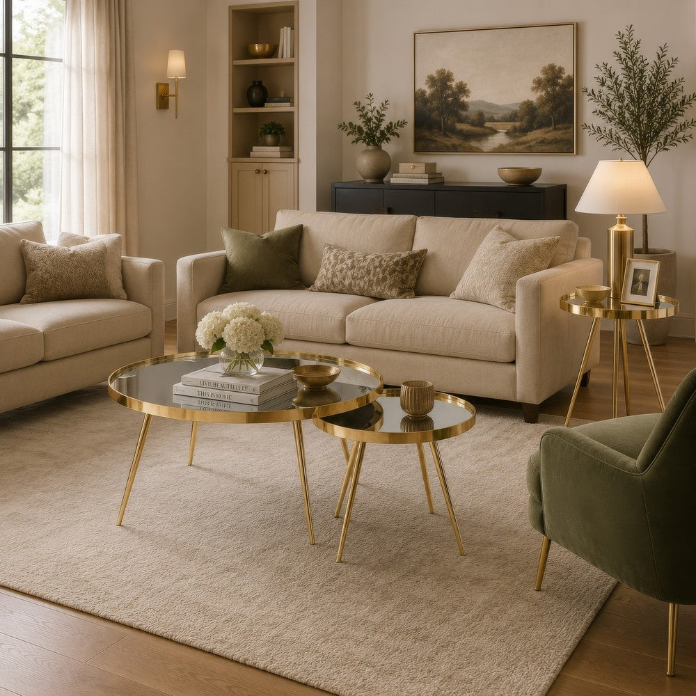 Kecy 3pc Coffee and End Table Set | Gold Metal Frame | Round Mirror Top