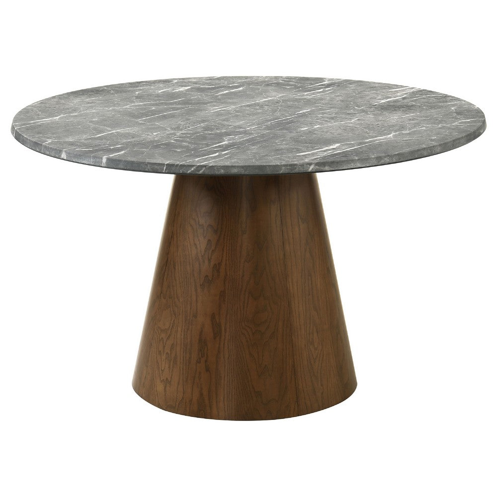 Freda Dining Table | Pedestal Base | Gray Faux Marble Laminate 50"