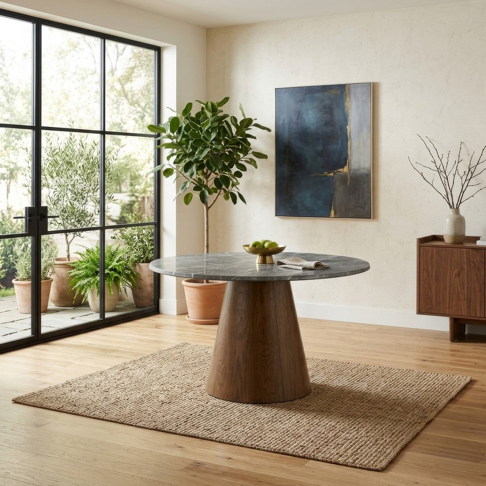 Freda Dining Table | Pedestal Base | Gray Faux Marble Laminate 50"