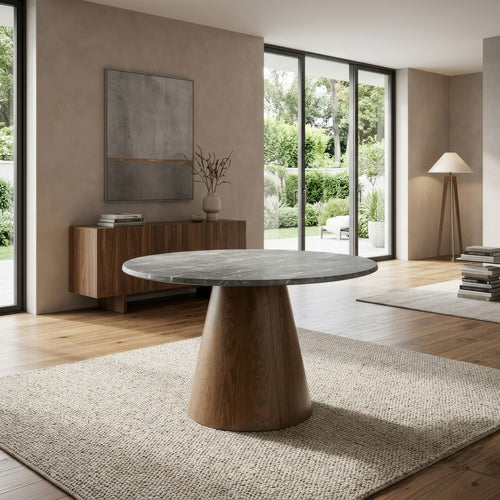 Freda Dining Table | Pedestal Base | Gray Faux Marble Laminate 50"