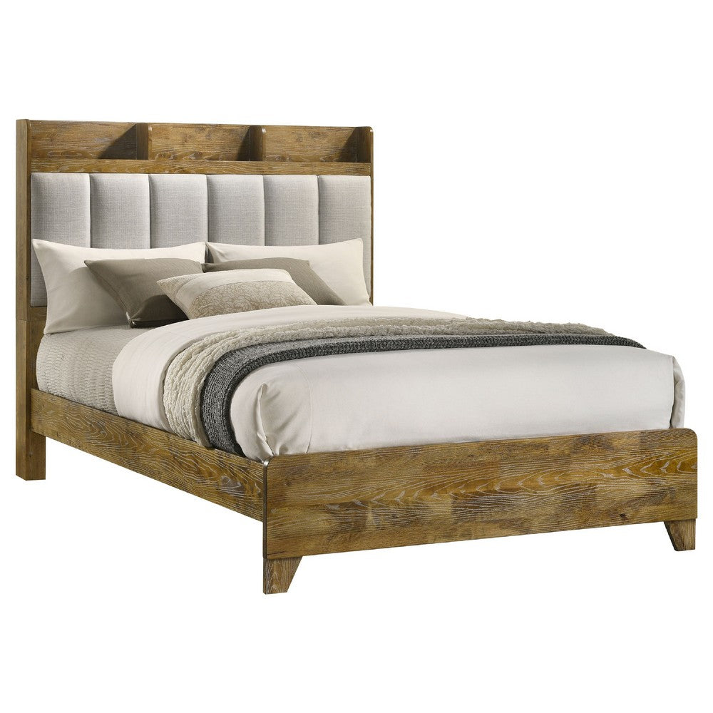 Nolan King Bookcase Panel Bed | Gray Channel-Tufted Fabric | Brown Wood
