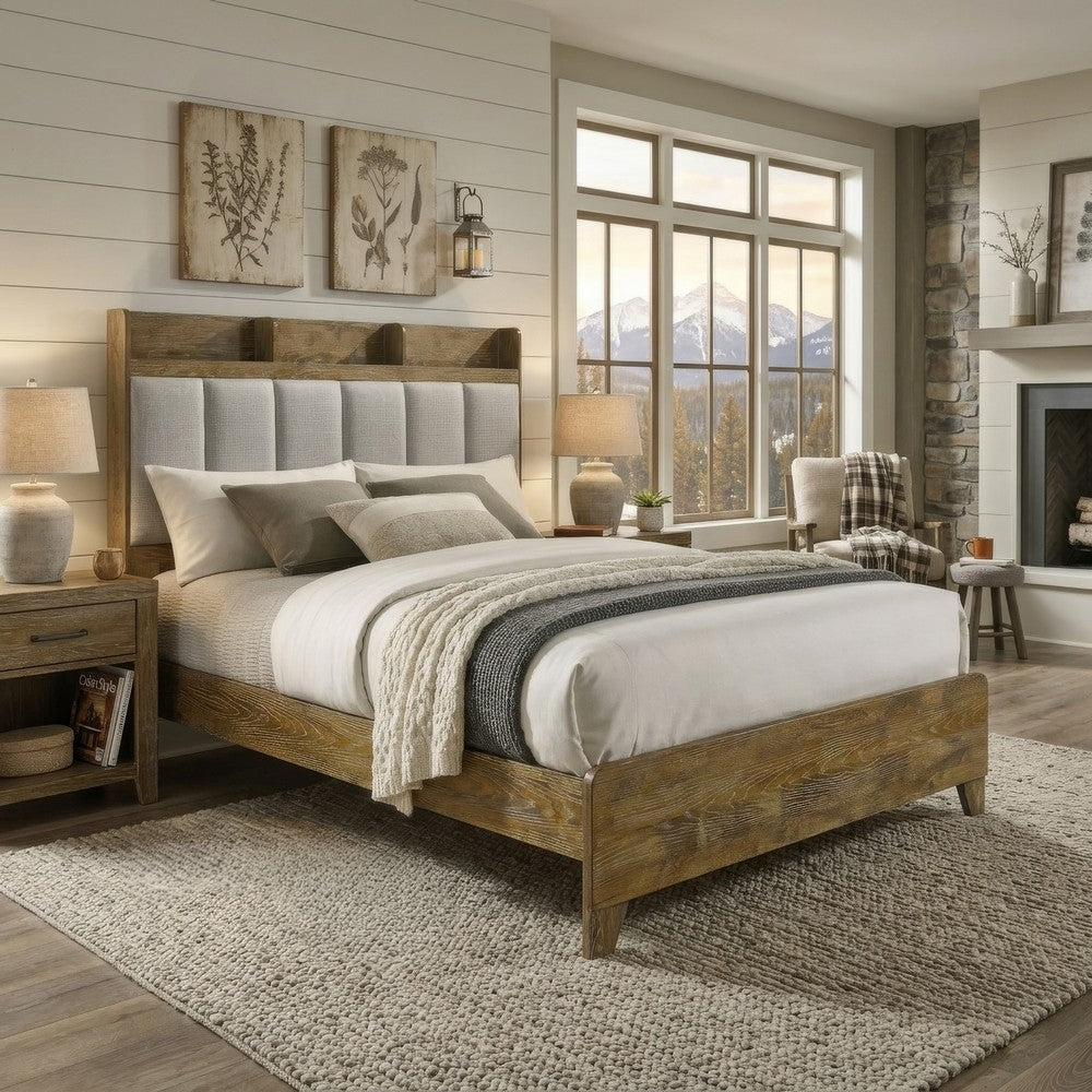 Nolan King Bookcase Panel Bed | Gray Channel-Tufted Fabric | Brown Wood