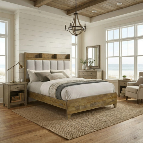 Nolan King Bookcase Panel Bed | Gray Channel-Tufted Fabric | Brown Wood