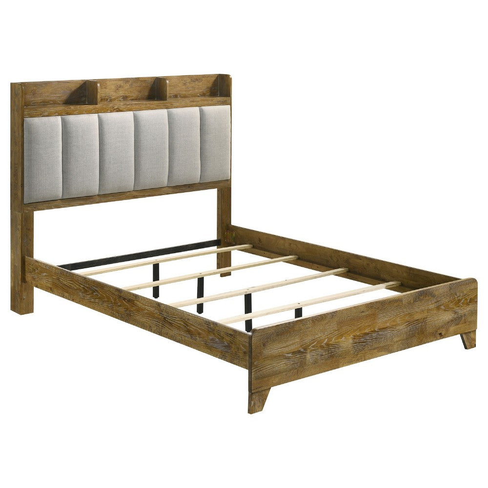 Nolan Queen Bookcase Panel Bed | Gray Channel-Tufted Fabric | Brown Wood