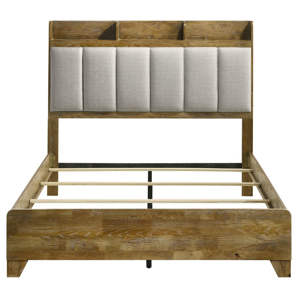 Nolan Queen Bookcase Panel Bed | Gray Channel-Tufted Fabric | Brown Wood