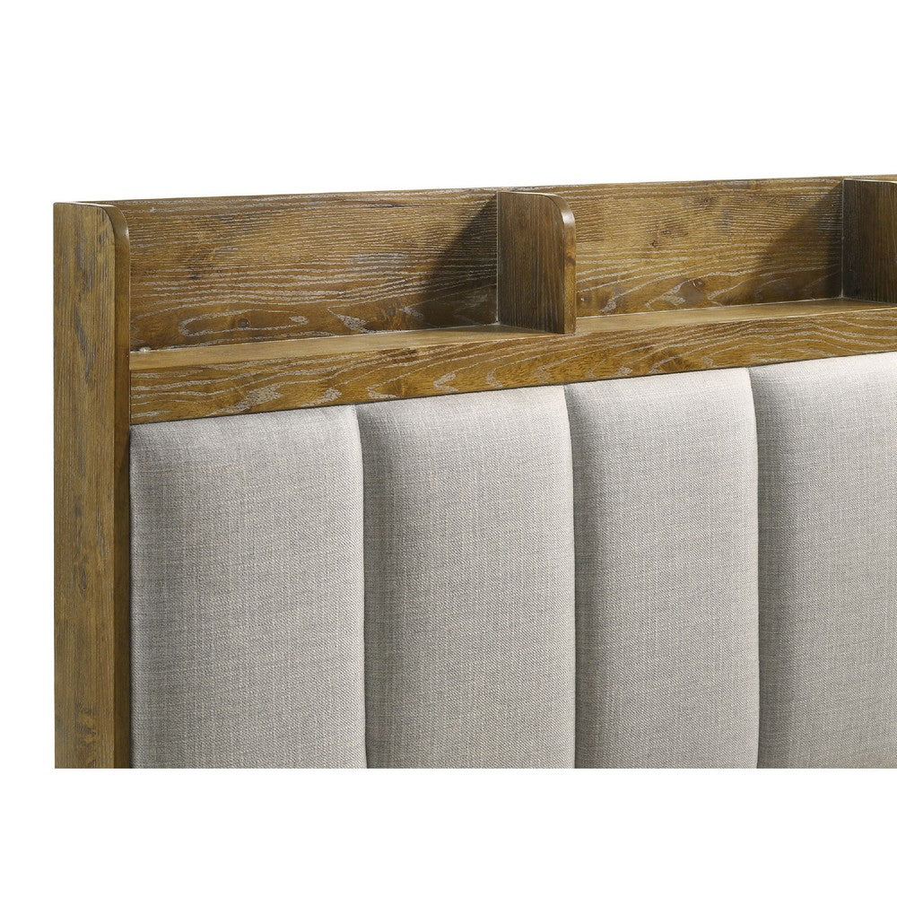 Nolan Queen Bookcase Panel Bed | Gray Channel-Tufted Fabric | Brown Wood