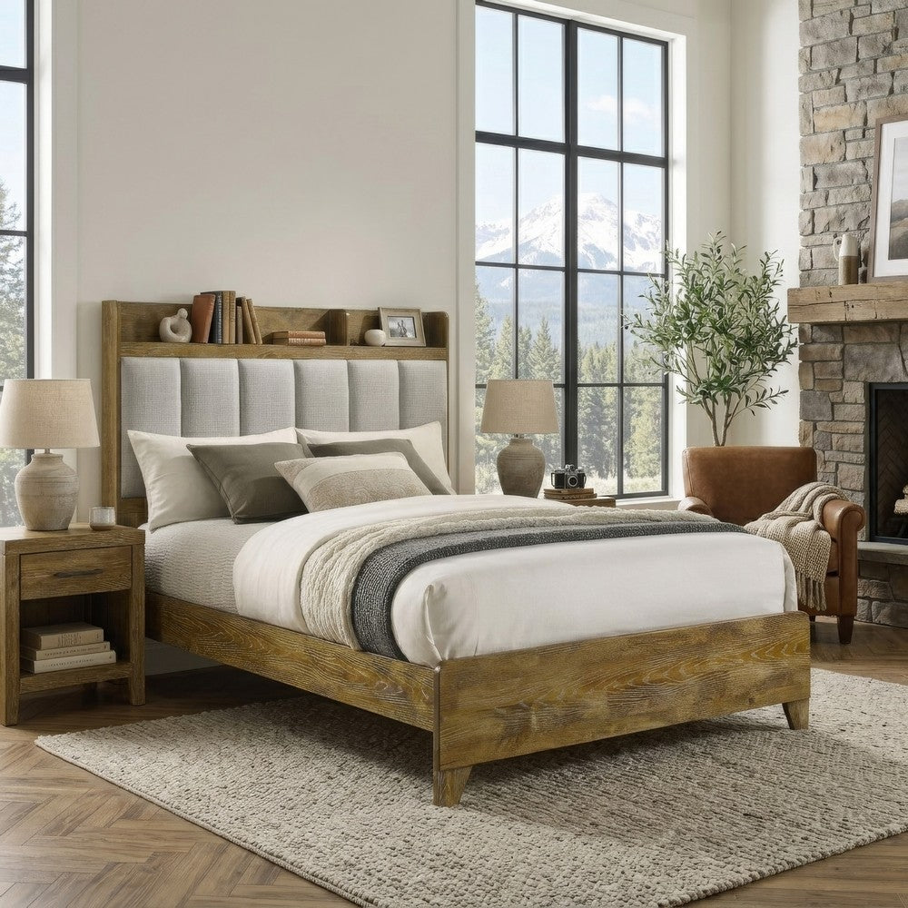 Nolan Queen Bookcase Panel Bed | Gray Channel-Tufted Fabric | Brown Wood