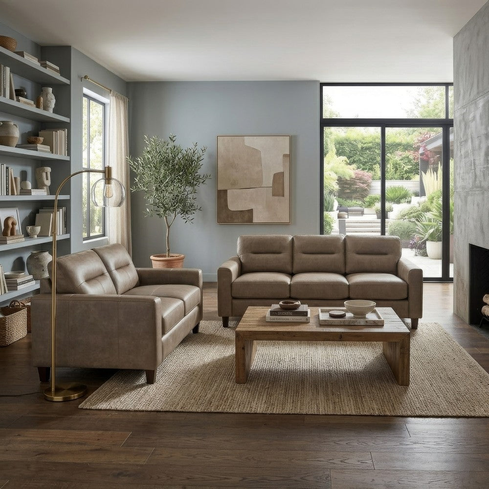 Secy 2pc Sofa and Loveseat Set | Brown Faux Leather | Pine Wood Frame