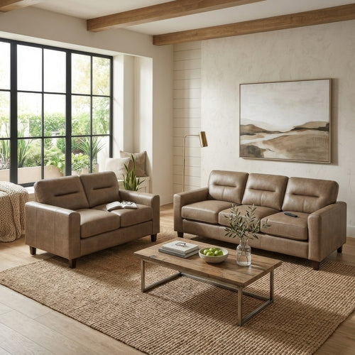 Secy 2pc Sofa and Loveseat Set | Brown Faux Leather | Pine Wood Frame