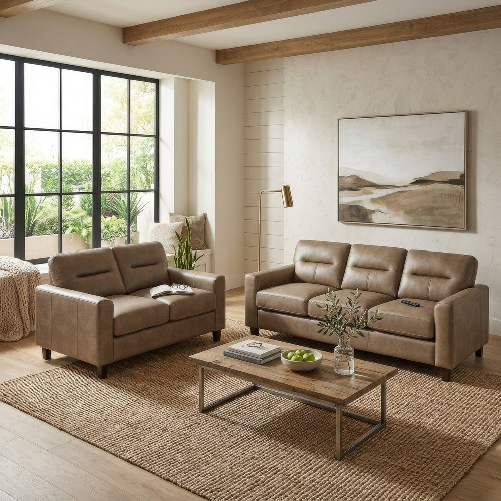 Secy 2pc Sofa and Loveseat Set | Brown Faux Leather | Pine Wood Frame
