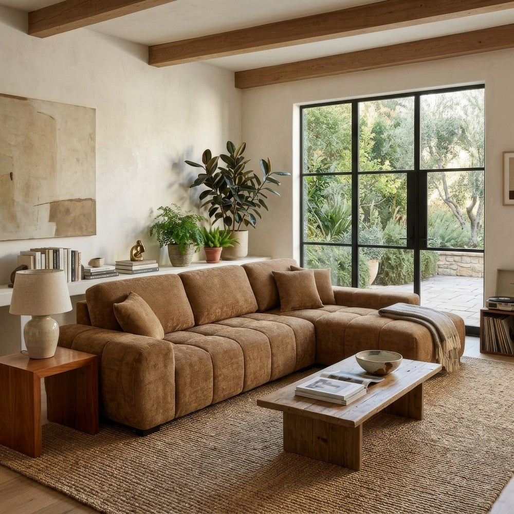 Hecy Sectional Sofa with R Arm Chaise | 3 Pillows | 119" Amber Brown