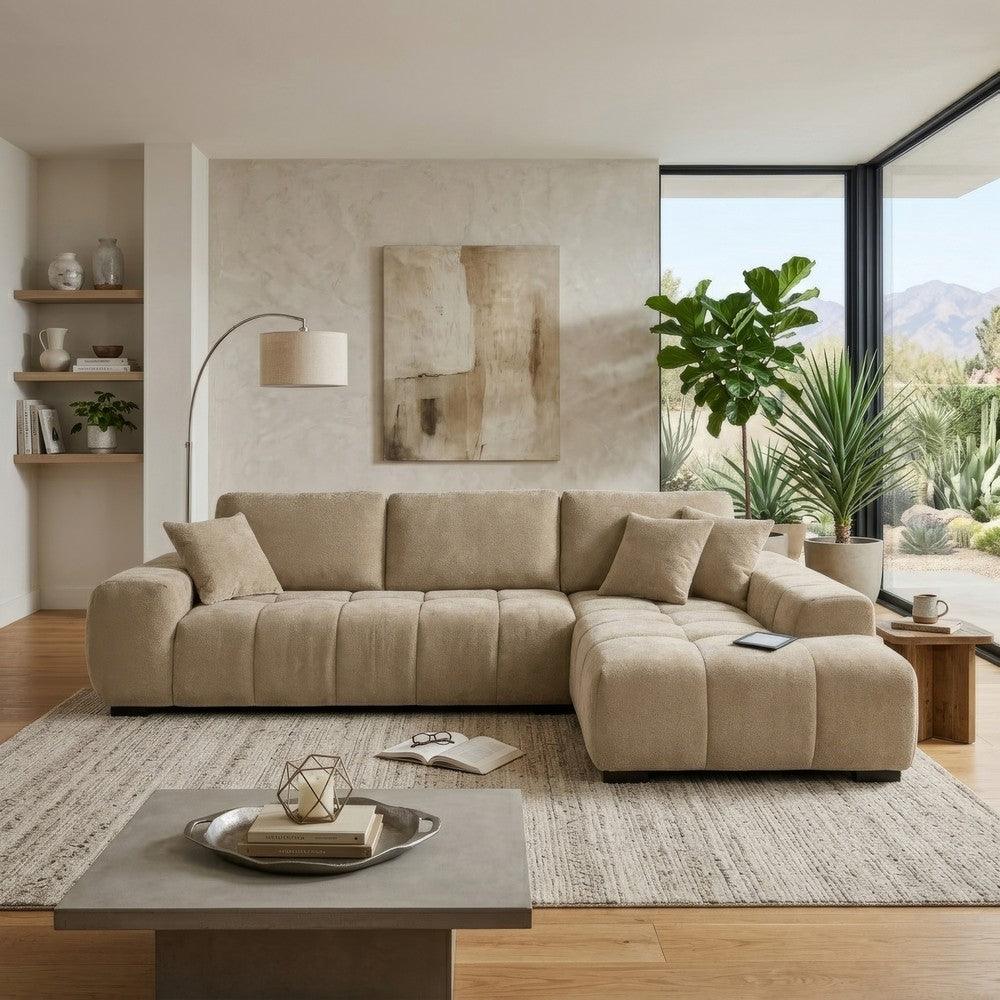 Hecy Sectional Sofa with R Arm Chaise | 3 Pillows | 119" Camel Brown