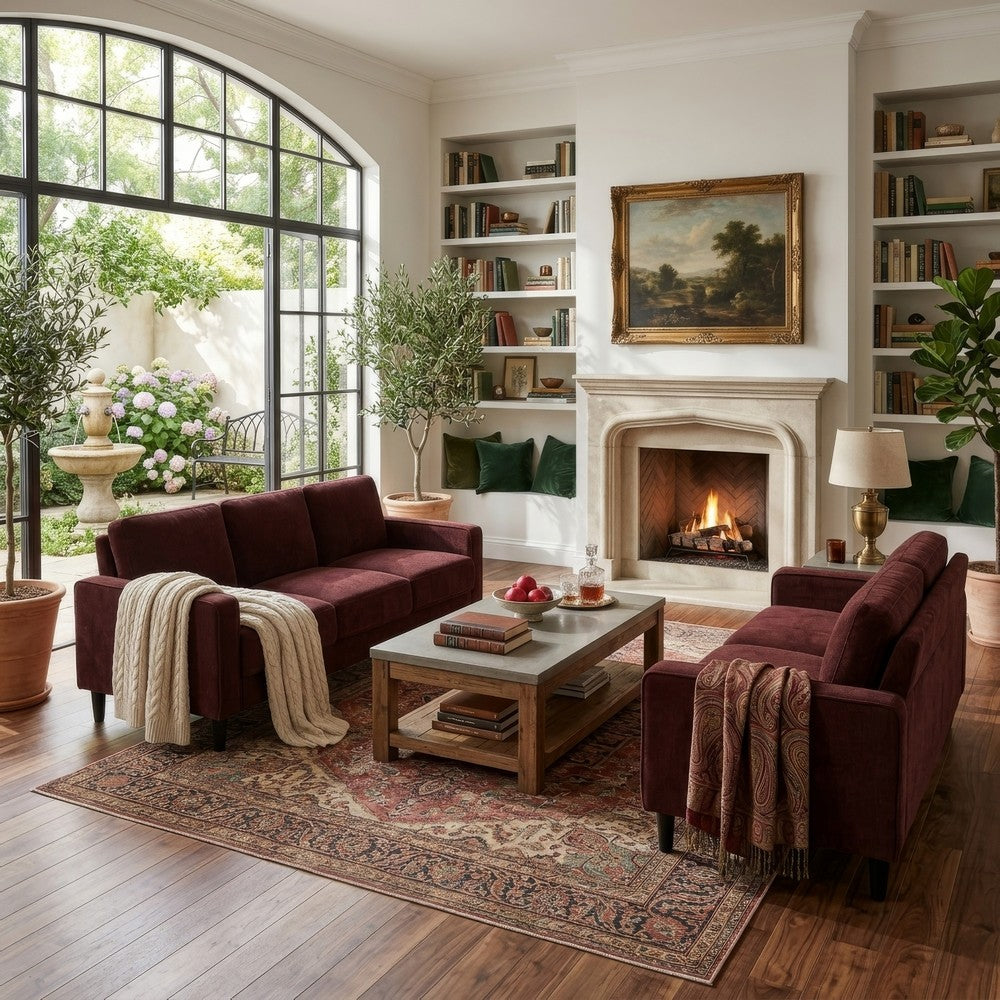 2pc Sofa and Loveseat Set | Track Arms | Foam Fill Rust Red Upholstery