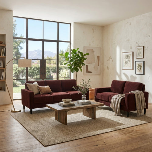 2pc Sofa and Loveseat Set | Track Arms | Foam Fill Rust Red Upholstery