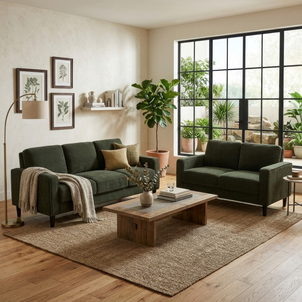 2pc Sofa and Loveseat Set | Track Arms | Foam Fill Matcha Green Upholstery