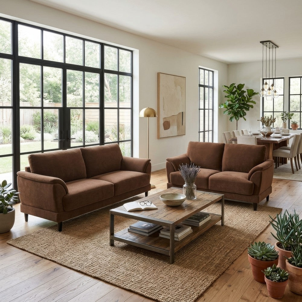 Elm 2pc Sofa and Loveseat Set | Pillow Arms | Foam Fill Rust Brown Velvet