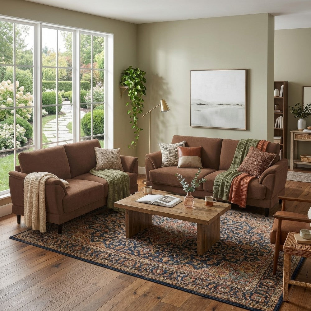 Elm 2pc Sofa and Loveseat Set | Pillow Arms | Foam Fill Rust Brown Velvet