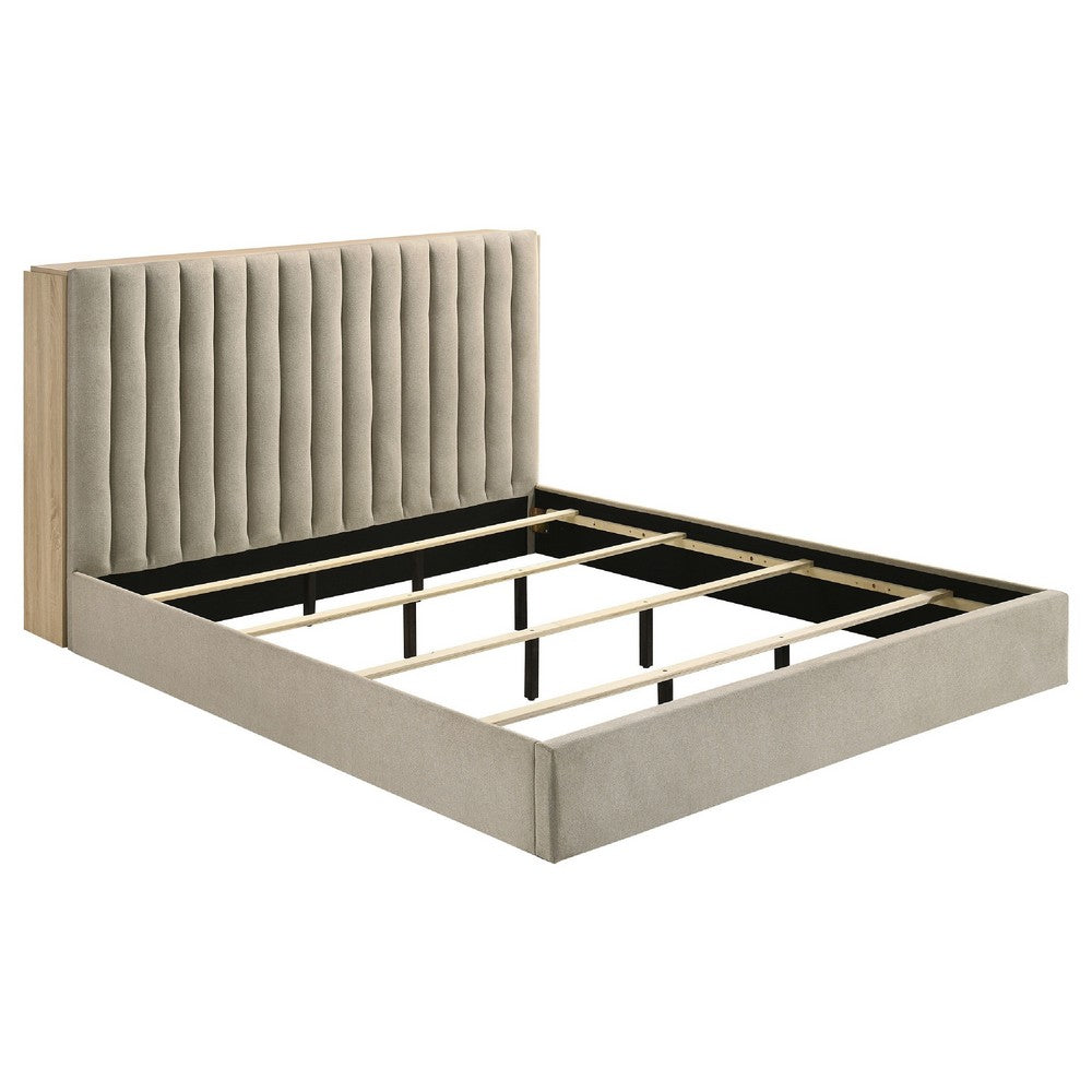 Poxy King Bed with Pull-Out Bookcase | Light Tan Channel Tufted Fabric
