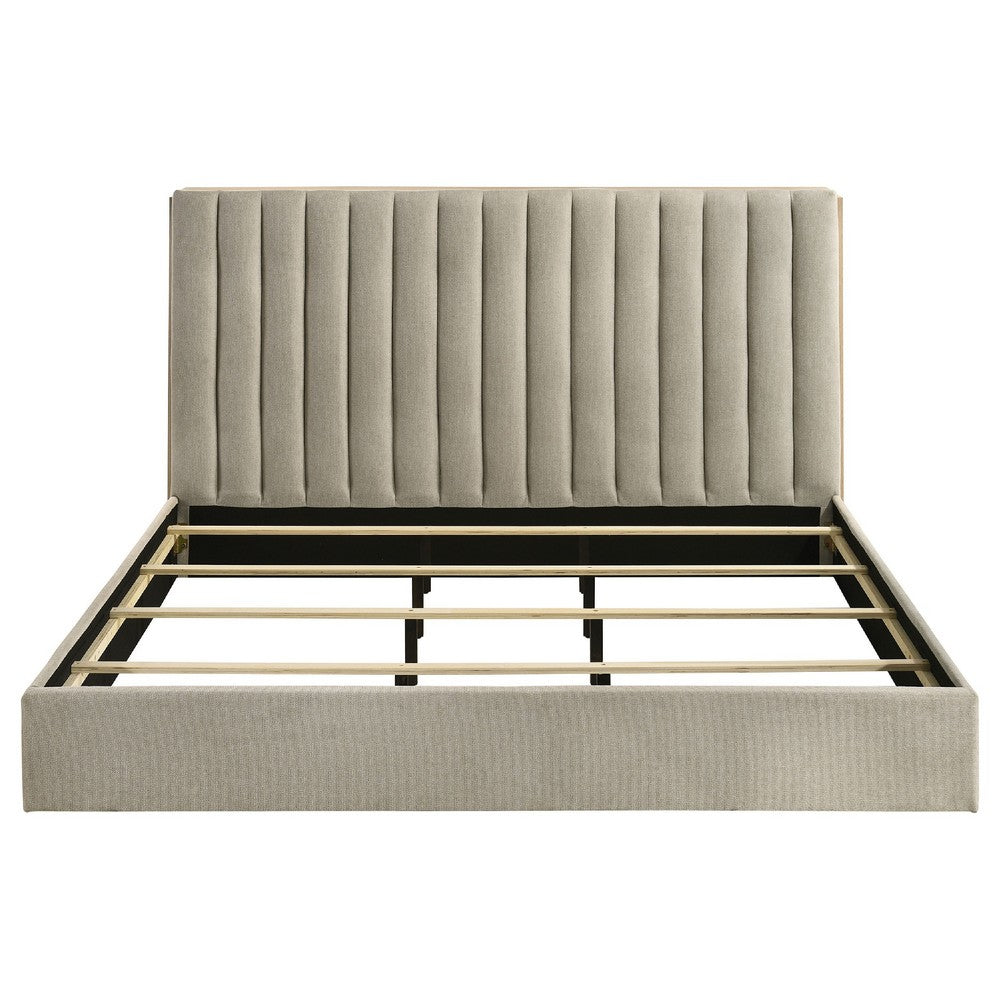 Poxy King Bed with Pull-Out Bookcase | Light Tan Channel Tufted Fabric