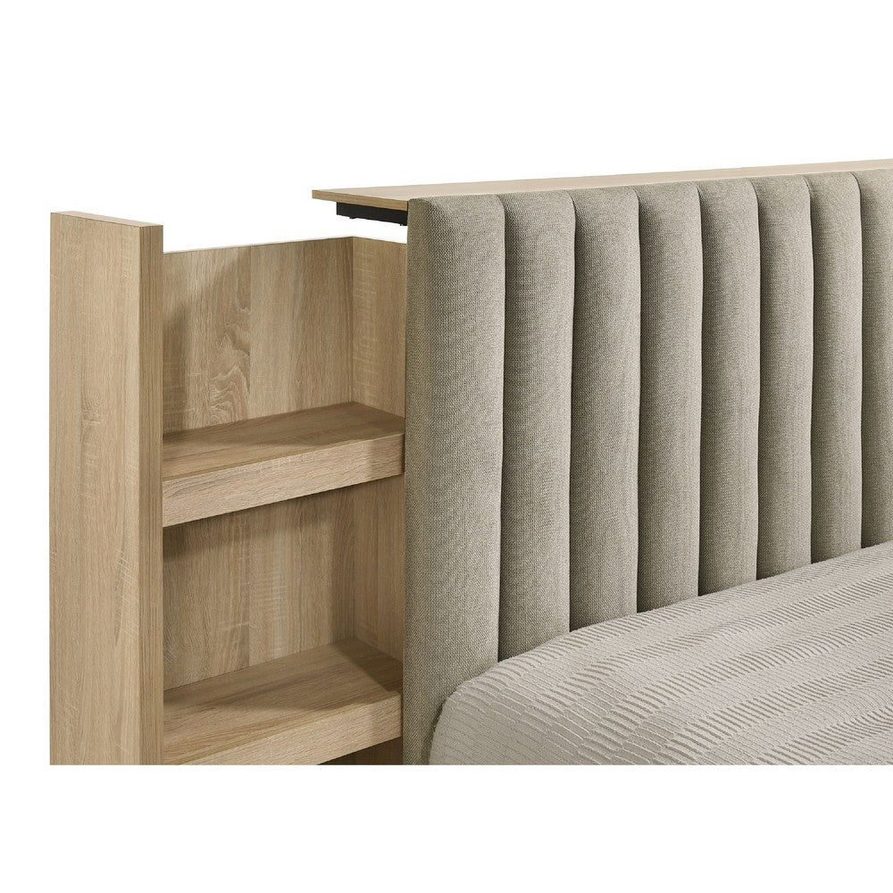 Poxy King Bed with Pull-Out Bookcase | Light Tan Channel Tufted Fabric